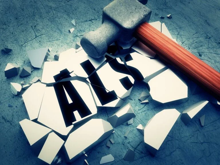 Illustration depicting the letters ALS being shattered and breaking apart, symbolizing hope and progress in the fight against Amyotrophic Lateral Sclerosis.