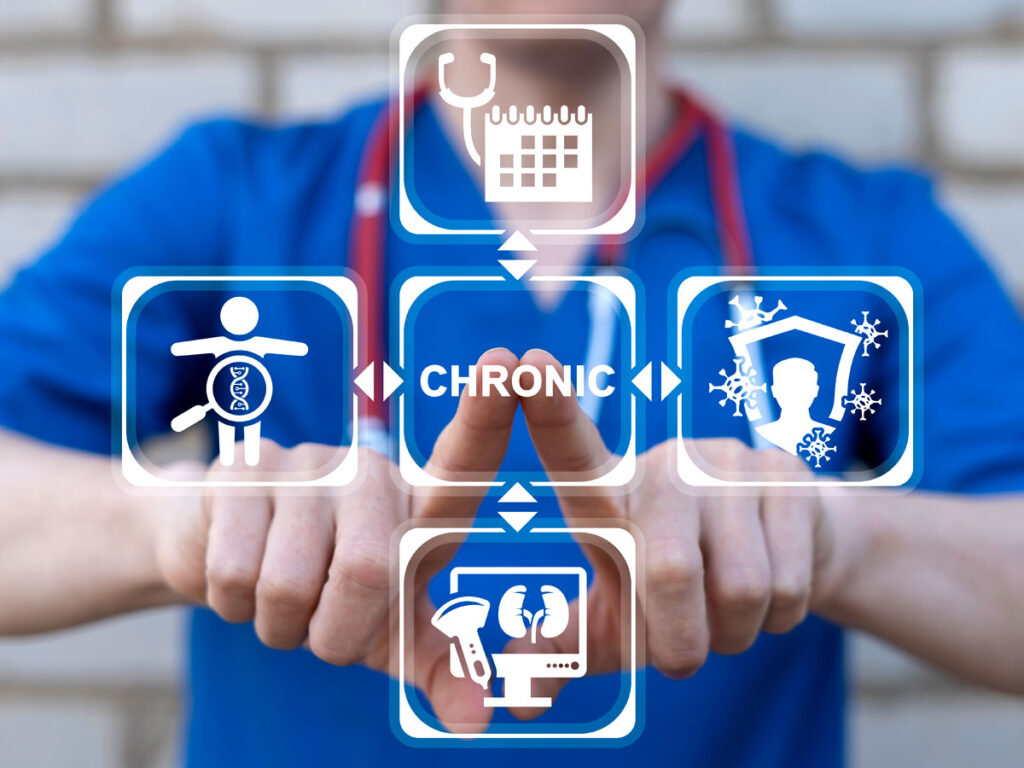 Healthcare professional highlighting icons representing chronic illness management, including genetics, protection, and medical treatment, emphasizing the continuum of care for chronic conditions.